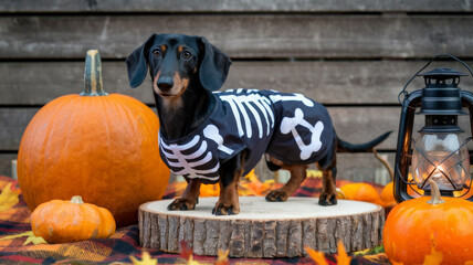 A black dachshund dog standing on a wooden log. Surrounding the dog are various autumnal elements, including a large pumpkin, a smaller
orange pumpkin. halloween atmphshere