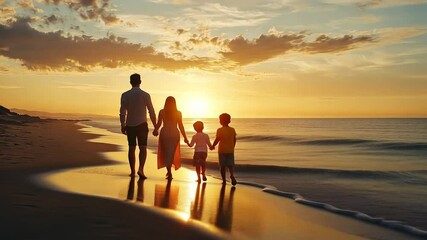 Family enjoying a serene sunset stroll along the beach shoreline
