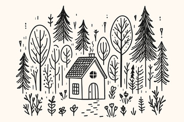 Cozy tiny house in forest surrounded by trees. Home Sweet Home. Cute cartoon little house in minimalist hand drawn black and white style for decoration, greeting card, postcard. Vector illustration