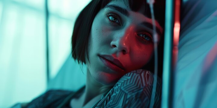 Concerned woman receiving IV treatment in a medical facility, addressing wellness and recovery from illness, reflecting on stress and emotional challenges during her health journey