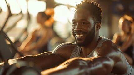 Joyful individual using a rowing machine in a group fitness class, focusing on cardio training and muscle strength during an energetic workout