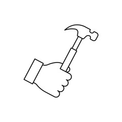 Hand holding claw hammer icon line style isolated on white background. Vector illustration