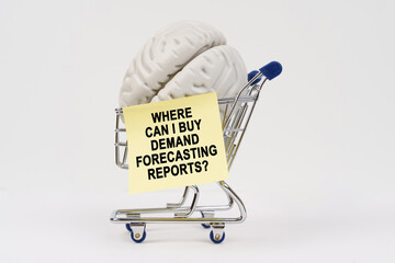 A creative depiction of a brain in a shopping cart with a sticky note asking about purchasing...