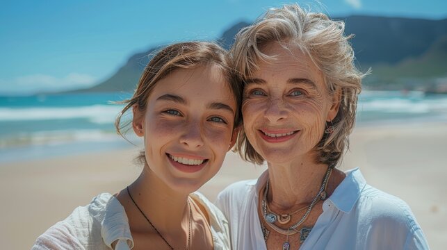 Daughter enjoying time at the beach with her mother during a vacation, sharing smiles and embraces while relaxing by the ocean on a sunny getaway