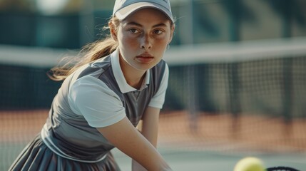 Woman practicing tennis on the court, training for competition and improving skills. Engaging in fitness and exercise for a healthy lifestyle as an athlete during summer