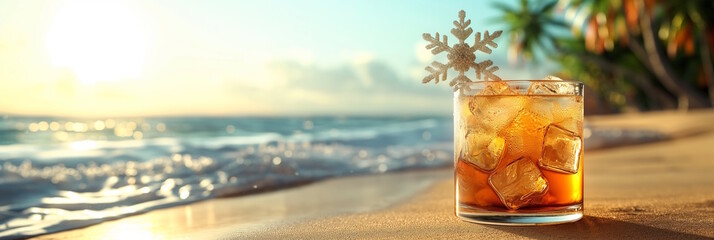 Iced drink with a snowflake decoration on a tropical beach at sunset, concept of a festive cocktail celebrating Christmas in an exotic, warm location by the sea
