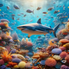 Fototapeta premium Shark swimming close to a colorful reef, clear blue water. The concept of travel 