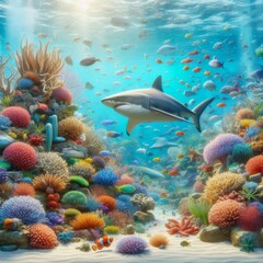 Fototapeta premium Shark swimming close to a colorful reef, clear blue water. The concept of travel 