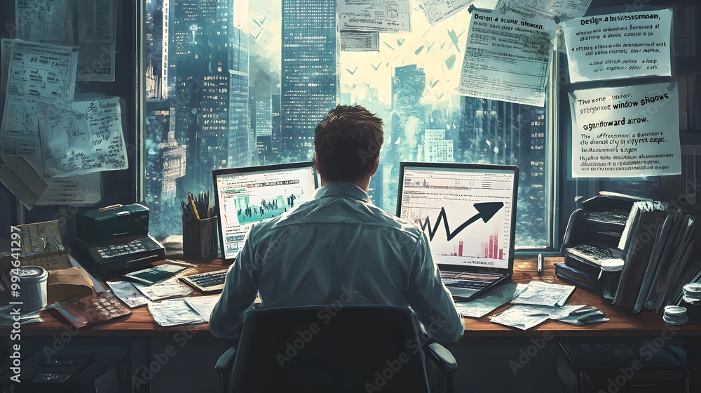 Poster man looking at a graph on his computer in a modern office