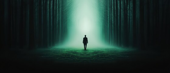 A solitary figure stands in a misty forest, surrounded by tall trees and an ethereal light in the background.