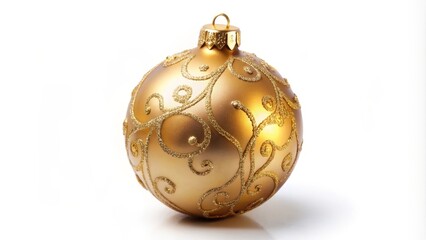 Golden christmas ornament casting a subtle shadow on a white background
