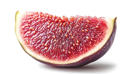 A slice of fig placed on a clean white background, emphasizing its intricate seeds and natural gradient of colors in a fresh, modern composition