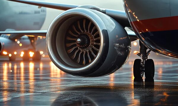Close-up of an aircraft engine on a wet runway.