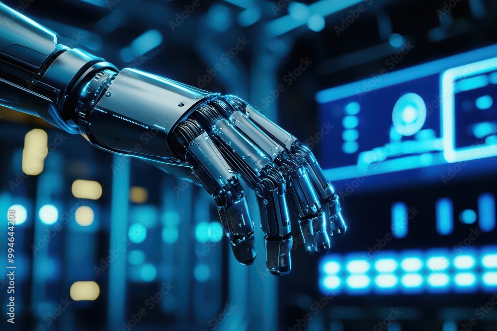 Poster close-up of a futuristic robotic hand in a high-tech environment with blue lights and digital interf
