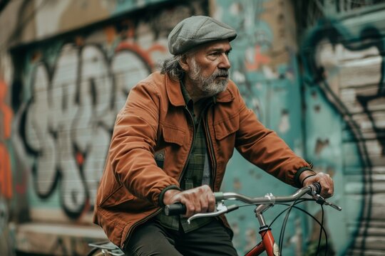Elderly man cycling by urban graffiti