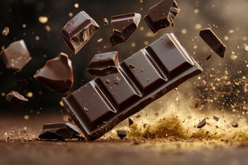 Delicious chocolate bar breaking apart into chunks on a textured surface, with a soft warm background.