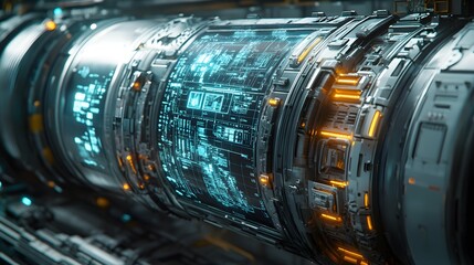 Close-up of a stainless steel tank featuring detailed hazard signs and safety labels, reflections of light emphasizing the metal's texture, shot at a dynamic angle