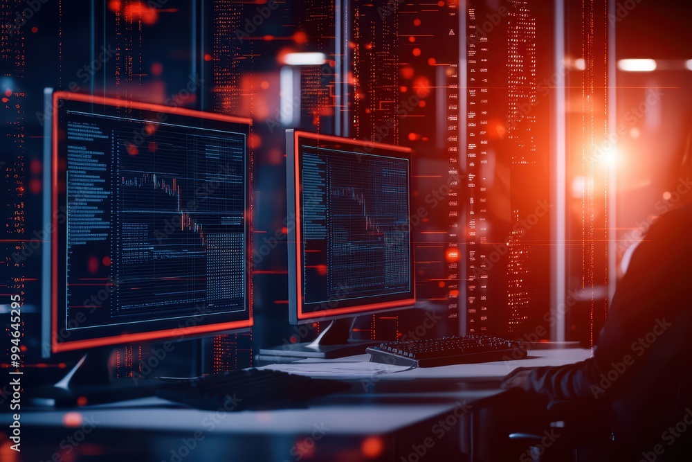 Poster dual monitors displaying data analysis in a modern tech environment, with vibrant visual effects in 