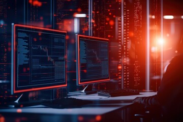 Dual monitors displaying data analysis in a modern tech environment, with vibrant visual effects in the background.