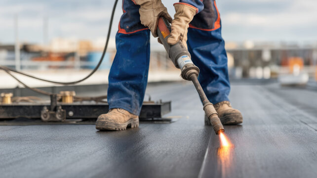 A man is using a torch to heat a roof. Concept of danger and caution, as the man is working with a potentially hazardous tool. The bright orange flame of the torch contrasts with the dark roof - Powered by Adobe