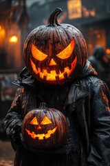 A haunted house's eerie decorations and ghostly figures create a spooky ambiance