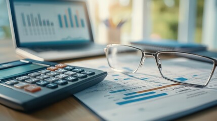 Financial analysis with a calculator, glasses, and charts on a workspace desk.