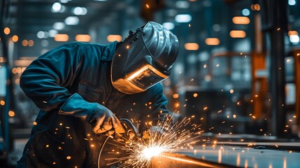 Close-up of skilled workers in heavy-duty protective suits welding a stainless steel tank, vibrant sparks illuminating the modern factory environment, with focus on the intense craftsmanship