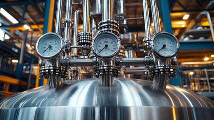 Fototapeta premium Detailed view of an industrial tank made of stainless steel, featuring a web of interconnected pipes and pressure gauges, set against a modern factory backdrop