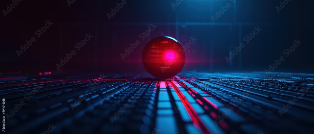 Poster futuristic red sphere on a glowing grid with blue and red illumination, abstract tech background.