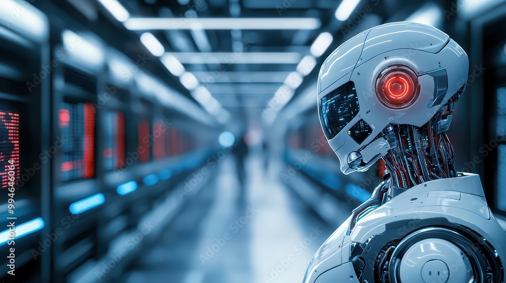 Poster futuristic robot character standing in a high-tech corridor with illuminated walls.