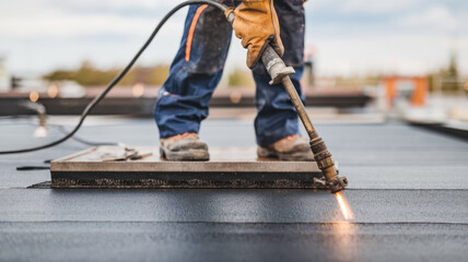 A man is using a torch to heat a roof. Concept of danger and caution, as the man is working with a potentially hazardous tool. The bright orange flame of the torch contrasts with the dark roof
