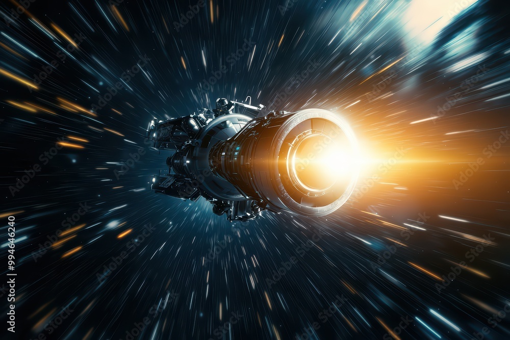 Poster futuristic spacecraft traveling through space, with light rays emanating from the engine, isolated b