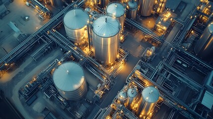 Drone view focusing on the metallic sheen of stainless steel tanks in a vast tank farm, integrated seamlessly within a busy industrial zone