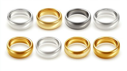 Vector 3D realistic gold and silver metal wedding ring icon set closeup isolated on a white background Shiny golden rings design template Clipart mockup with side and front views