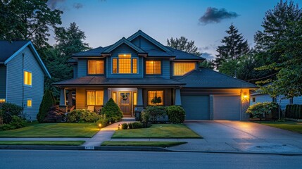Two-Story House at Night: Warm porch lights, inviting suburban setting.

