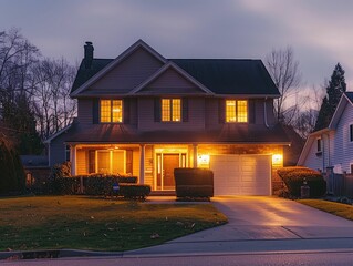 Peaceful suburban home: Night scene, illuminated porch, inviting ambiance
