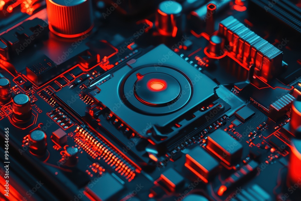 Poster high-tech circuit board with glowing components and intricate details, perfect for tech-related proj