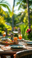 Obraz premium Tropical dining experience under palm trees, wooden table with colorful drinks and fresh fruits, relaxing summer vacation setting, bright sunlight filtering through leaves. 