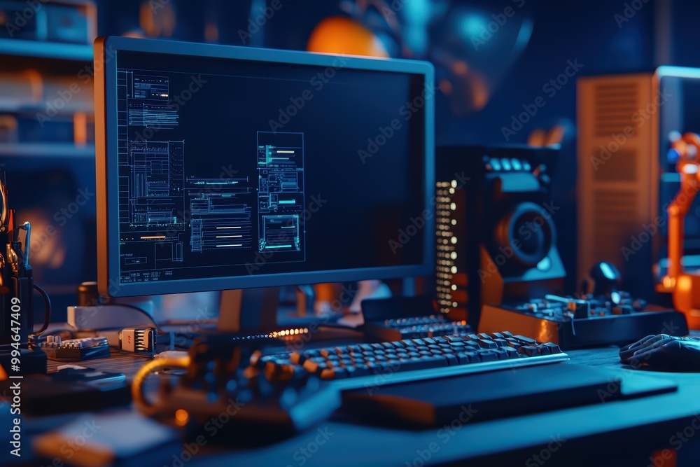 Poster modern workspace with computer, keyboard, and intricate design elements on screen.