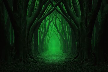 Mysterious forest with twisted trees, glowing green light illuminating the path ahead.