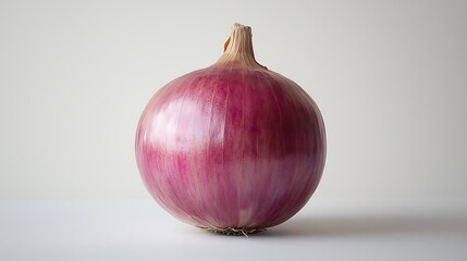 Single red onion isolated on a plain white background, highlighting its vibrant color and natural texture in a minimalistic style