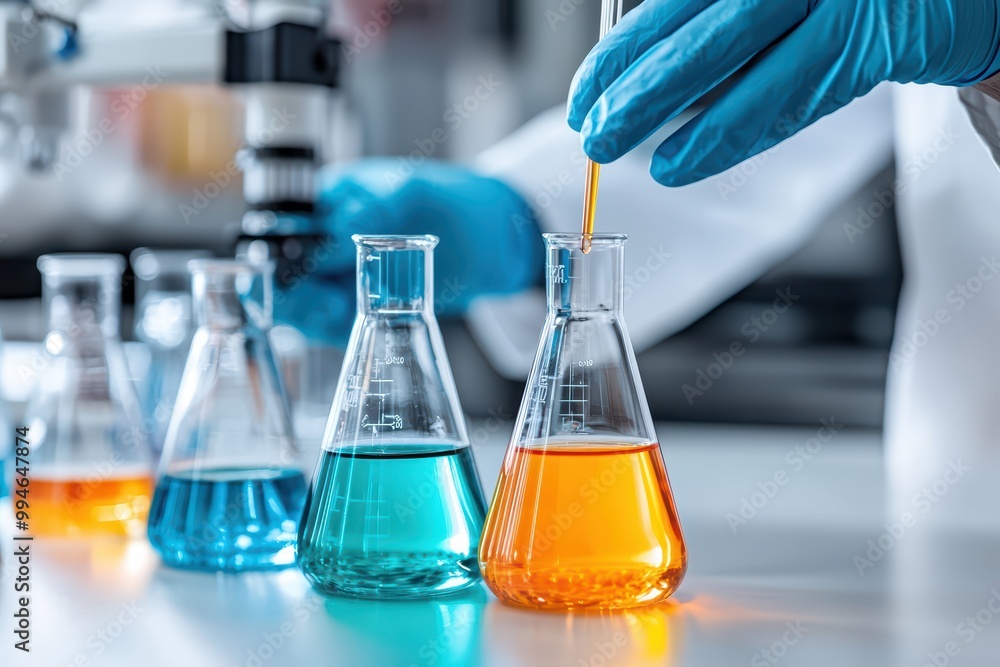 Poster scientist using pipette to add orange liquid to a flask in laboratory environment, bright colorful l
