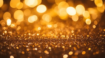 Golden glitter sparkles with dreamy bokeh create a cozy, festive Christmas atmosphere.