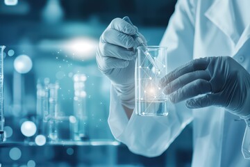 Scientist in gloves conducting experiment with beaker in laboratory environment, blue tone highlights.