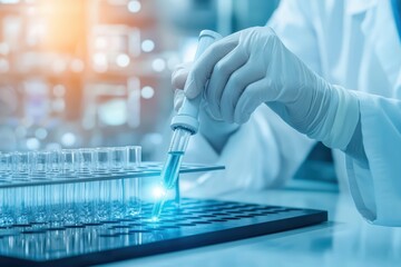 Fototapeta premium Scientist in lab coat using pipette for experiment, close-up on laboratory instruments.