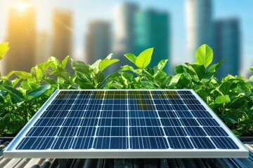 Fototapeta premium Solar panel installed on rooftop with greenery and city skyline in the background during sunny day.