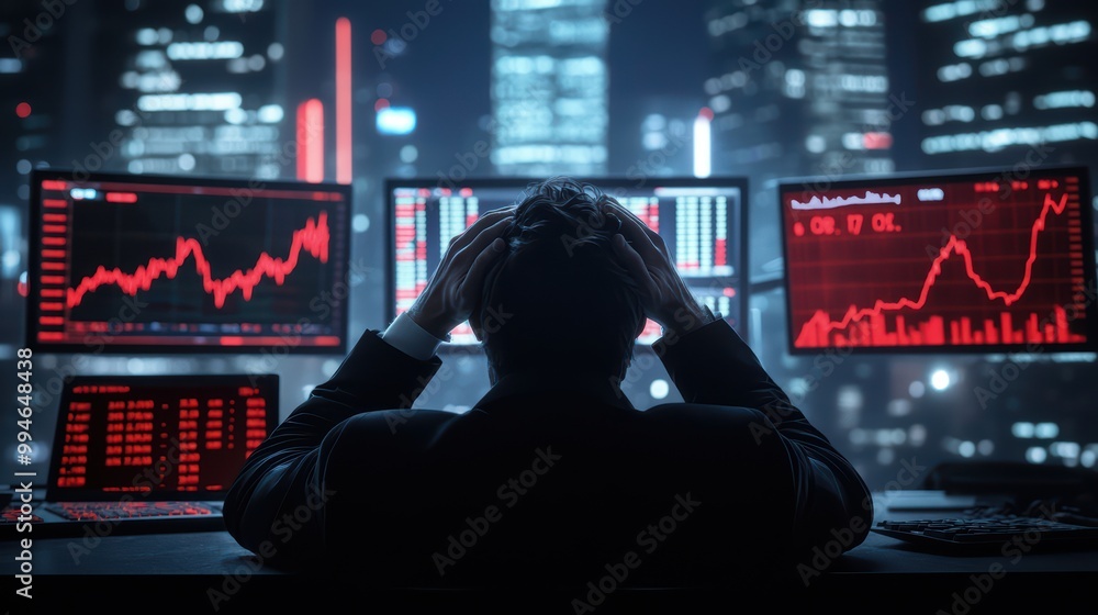 Poster stressed trader overwhelmed by declining stock charts in a dark, modern office setting.