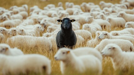 A lone black sheep set against a backdrop of white sheep in a field, illustrating the concept of...