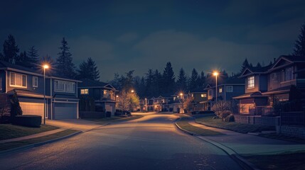 Quiet suburban night: Cul-de-sac, faint house lights, eerie ambiance
