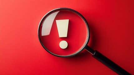 View through a magnifying glass on an exclamation mark over a red background An attentiongrabbing image that represents warnings or caution ideal for safety or alert themes